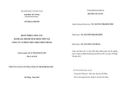 Tóm tắt Luận văn Hoàn thiện công tác đánh giá thành tích nhân viên tại Công ty Cổ phần thủy điện miền Trung