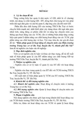 Tóm tắt Luận văn Biện pháp quản lý hoạt động tổ chuyên môn của Hiệu trưởng trường Trung học cơ sở Ba Trại, huyện Ba Vì, Thành phố Hà Nội