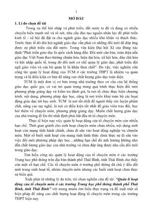 Tóm tắt Luận văn Quản lí hoạt động của tổ chuyên môn ở các trường Trung học phổ thông thành phố Thái Bình, tỉnh Thái Bình