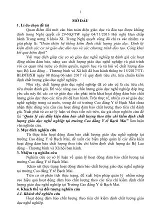 Tóm tắt Luận văn Quản lý các điều kiện đảm bảo chất lượng theo tiêu chí kiểm định chất lượng giáo dục nghề nghiệp tại trường Cao đẳng Y tế Bạch Mai