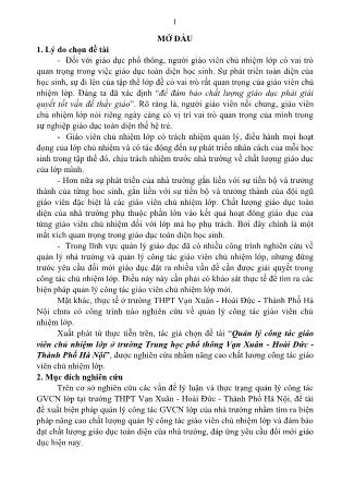 Tóm tắt Luận văn Quản lý công tác giáo viên chủ nhiệm lớp ở trường Trung học phổ thông Vạn Xuân - Hoài Đức - Thành Phố Hà Nội
