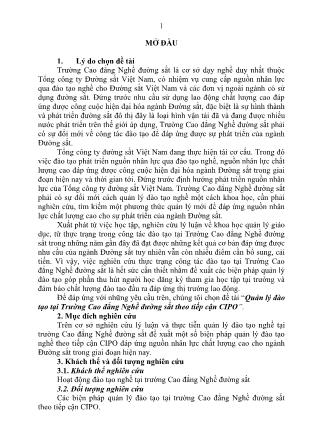 Tóm tắt Luận văn Quản lý đào tạo tại Trường Cao đẳng Nghề đường sắt theo tiếp cận CIPO