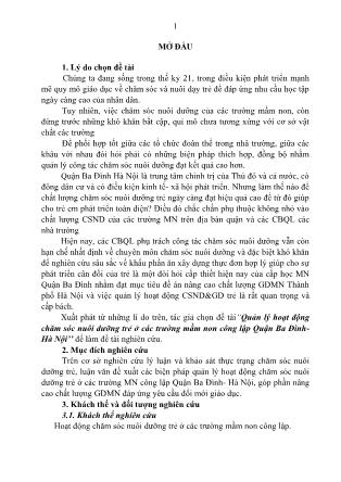 Tóm tắt Luận văn Quản lý hoạt động chăm sóc nuôi dưỡng trẻ ở các trường mầm non công lập Quận Ba Đình Hà Nội