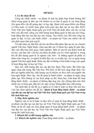 Tóm tắt Luận văn Quản lý hoạt động hành chính - Sư phạm của đào tạo sau đại học tại Viện Văn hóa Nghệ thuật quốc gia Việt Nam trong bối cảnh hiện nay