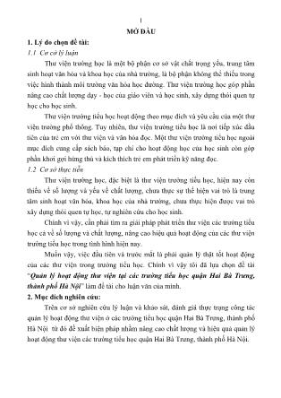 Tóm tắt Luận văn Quản lý hoạt động thư viện tại các trường Tiểu học quận Hai Bà Trưng, Thành phố Hà Nội