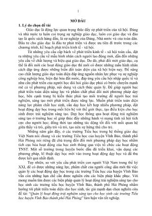 Tóm tắt Luận văn Quản lý hoạt động trải nghiệm sáng tạo cho học sinh các trường Tiểu học huyện Vĩnh Bảo thành phố Hải Phòng