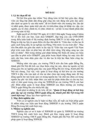 Tóm tắt Luận văn Quản lý hoạt động xã hội hóa giáo dục tại các trường THCS quận Đống Đa, thành phố Hà Nội trong bối cảnh hiện nay