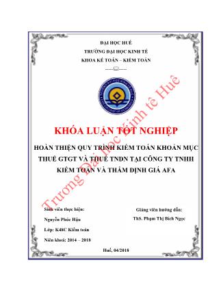 Khóa luận Hoàn thiện quy trình kiểm toán khoản mục thuế GTGT và thuế TNDN tại công ty TNHH Kiểm toán và Thẩm định giá AFA