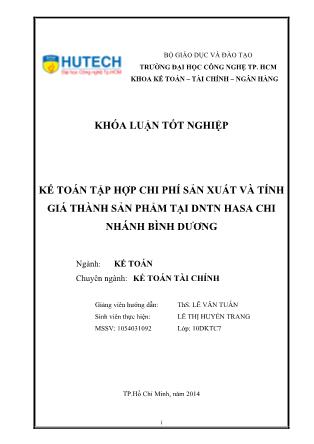 Khóa luận Kế toán tập hợp chi phí sản xuất và tính giá thành sản phẩm tại Doanh nghiệp tư nhân Hasa chi nhánh Bình Dương