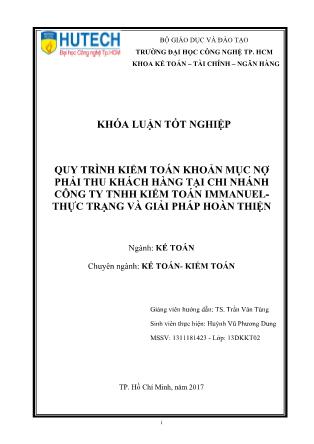 Khóa luận Quy trình kiểm toán khoản mục nợ phải thu khách hàng tại Chi nhánh Công ty TNHH Kiểm toán Immanuel-Thực trạng và giải pháp hoàn thiện