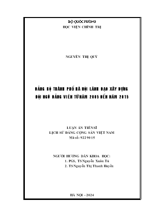 Luận án Đảng bộ Thành phố Hà Nội lãnh đạo xây dựng đội ngũ đảng viên từ năm 2005 đến năm 2015