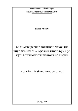 Luận án Đề xuất biện pháp bồi dưỡng năng lực thực nghiệm của học sinh trong dạy học Vật lí ở trường Trung học Phổ thông