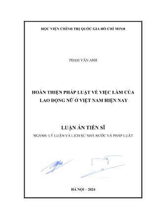 Luận án Hoàn thiện pháp luật về việc làm của lao động nữ ở Việt Nam hiện nay