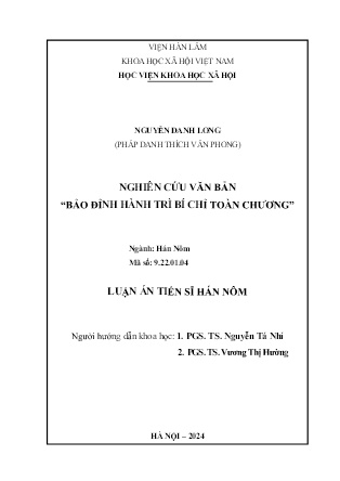 Luận án Nghiên cứu văn bản “Bảo đỉnh hành trì bí chỉ toàn chương”
