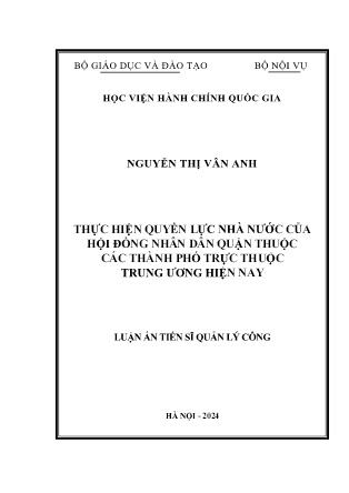 Luận án Thực hiện quyền lực nhà nước của hội đồng nhân dân Quận thuộc các Thành phố trực thuộc trung ương hiện nay
